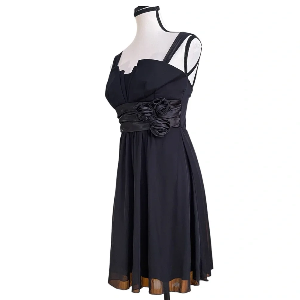 Trixxi Black Rosette Waist Chiffon Fit & Flare Party Mini Dress XS